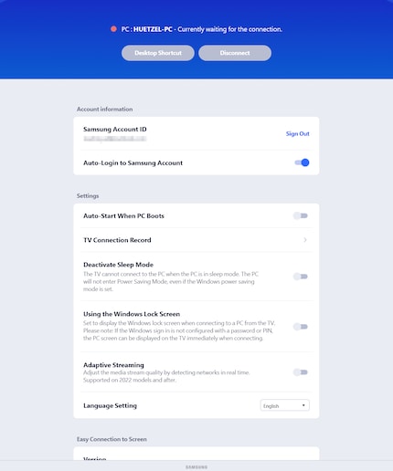 Die Einstellungen von Samsungs Windows-Anwendung «Easy Connection to Screen»
