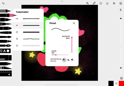 Die Pinselauswahl ist recht begrenzt und nicht erweiterbar.