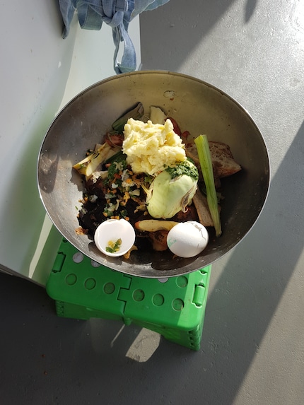 Goed, onze compostbak staat maar drie stappen van de gootsteen vandaan. Maar dat is nog steeds te ver voor mij.