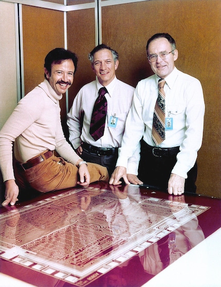 Gordon Moore (right) with Intel co-founder Robert Noyce (centre) and Andy Grove (left).
