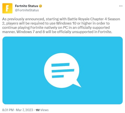 Bye bye Windows 7 and 8. « Fortnite» is also saying goodbye to the old operating systems with the new update.