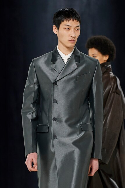 This grey coat from Ferragamo's winter collection '23 is subtly shiny.