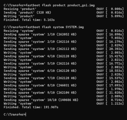 Les deux commandes finales pour installer la ROM personnalisée.