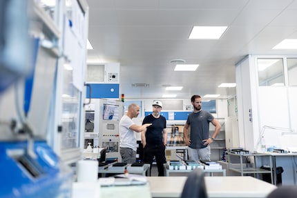 Marco Koch on the left and Konstantin Roth on the right show me around the factory in Wattwil.