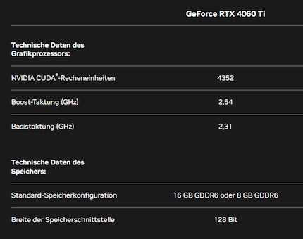 Die wichtigsten Spezifikationen der RTX 4060 Ti 8 GB.