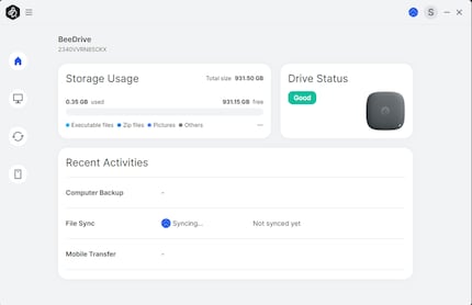 Im Hauptmenü kannst du dein BeeDrive überwachen, Einstellungen vornehmen oder Backups einrichten.