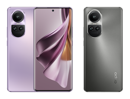 Das Oppo Reno 10 Pro in glänzendem Lila und mattem Schwarzgrau.