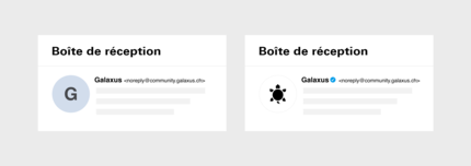 L’illustration montre Galaxus dans votre boîte de réception avec et sans coche.