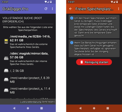 DiskDigger Pro kann gelöschte Dateien wiederherstellen – oder den freien Speicherplatz reinigen.