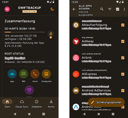 SwiftBackup erstellt mir Lokal- oder Cloud-Backups von Apps (auch System Apps) und mehr.