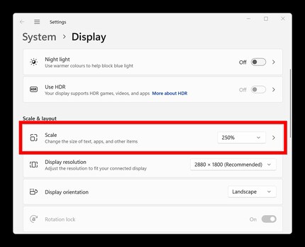 Scaling affects the size of the entire display.