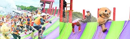 The first challenge on the way to the castle is climbing the border wall, where the contestants have to run up a slippery slope while being hit by water guns.