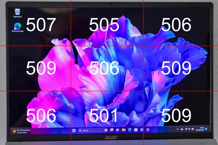 Brightness distribution of the Acer Swift Go 14 in nits.