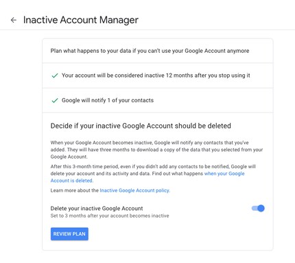 Google propose un dispositif permettant de supprimer le compte s’il est resté inactif suffisamment longtemps. Vous pouvez décider de la durée de cette période.