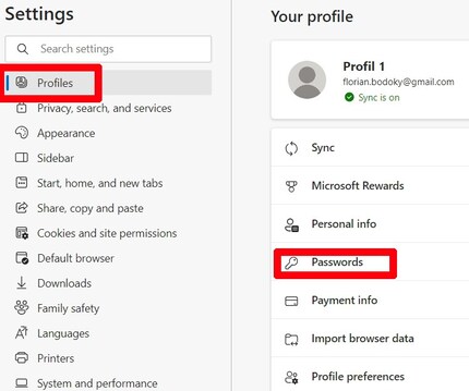 Edge enregistre les mots de passe dans le menu Profils.