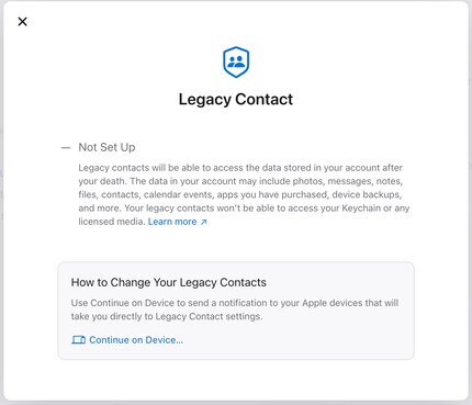 Sous « Mot de passe et sécurité », vous pouvez enregistrer un contact légataire.