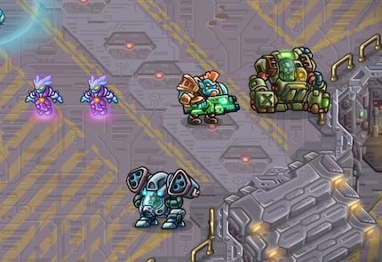 Hier besteht meine Kampfgruppe aus einem Helden, einem Paar Heilerinnen und einem Raufbold-Mech.