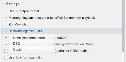 Für DSD braucht es einen speziellen Audio-Player, etwa JRiver Media Center. Dort muss ich die Bitstreaming-Option aktivieren, sonst kommt kein DSD zum DAC.