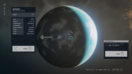 Auf Planeten gibt es vordefinierte Landestellen. Du kannst den Cursor aber auch irgendwo anders hinbewegen und dort landen.