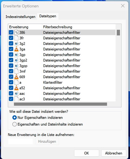 In den Indizierungsoptionen werden Inhalte auf deinem Computer nach bestimmten Punkten katalogisiert.