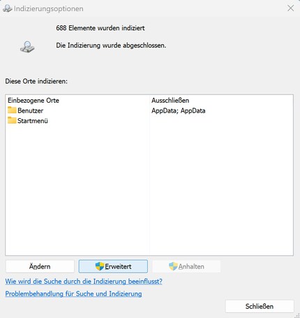 Wenn du nur nach Dokumenten oder Bildformaten suchst, kannst du gewisse Erweiterungen abwählen.