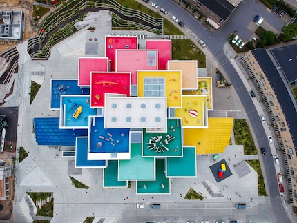 Drone view from the air of the Lego House in Billund, Denmark.