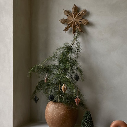 Une étoile sobre qui s’accorde joliment avec des décorations dans les tons marron, noirs et sable.