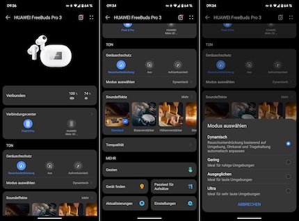 The landing page of the AI Life app for the Freebuds Pro 3 and the selection of noise cancelling mode.