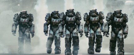 An army of the Brotherhood of Steel prepare for battle in their power armour suits.