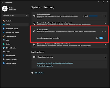 Energiesparmodus auf dem Desktop-PC: kann unter «Einstellungen > System > Leistung» und in den Schnelleinstellungen aktiviert werden.