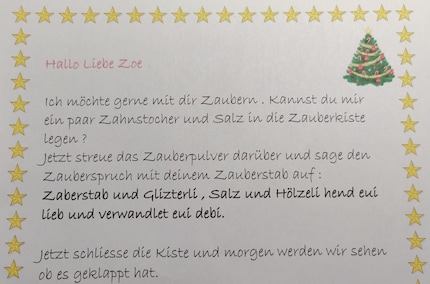 In this letter, Tomte gave Zoe a magic spell to conjure up some salt sticks.