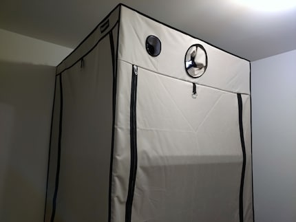 La dépression fait apparaître la lampe sur la tente. Les ouvertures supérieures du tube de la tente permettent que l’air frais soit aspiré en premier lieu à cet endroit.