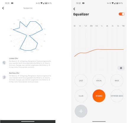 A sinistra il mio rapporto di prova da Personi-Fi, a destra la selezione di equalizzatori preimpostati e la gamma di frequenze.