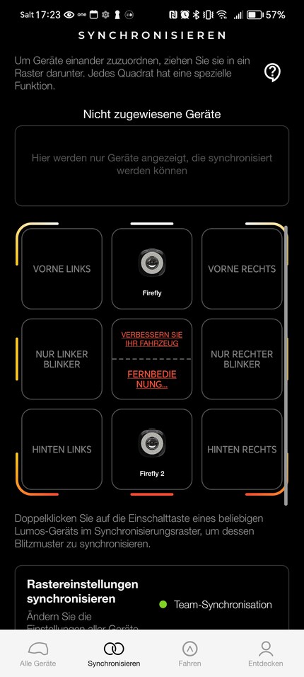 Au total, huit utilisations différentes sont disponibles dans l’application Lumos. Configurées ici comme lampe avant et arrière.