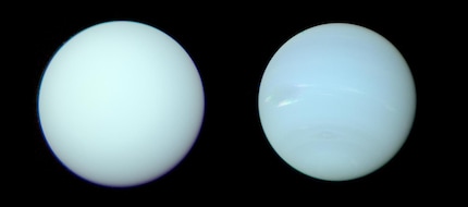 I veri colori di Urano e Nettuno | Se le immagini sono correttamente ponderate a diverse lunghezze d'onda, Nettuno (a destra) ha quasi lo stesso colore di Urano.