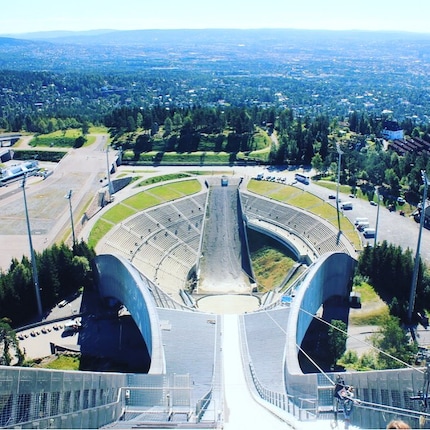 The view from the starting position of the Holmenkollbakken ski jump into the stadium.