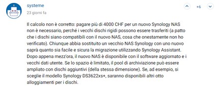 L'utente systeme mi fa notare che è possibile risparmiare sui costi migrando i dischi rigidi su un nuovo modello Synology.