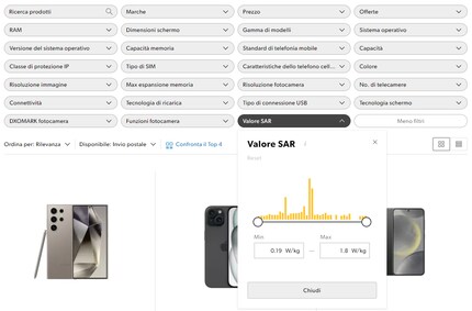 Filtra l'assortimento degli smartphone in base al valore SAR.
