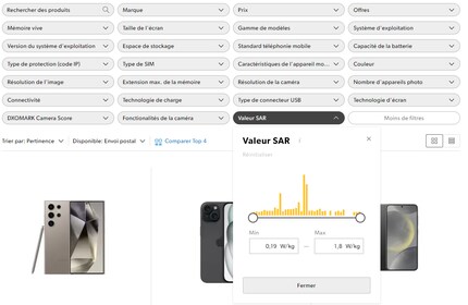 On peut filtrer par valeur DAS dans notre assortiment de smartphones.