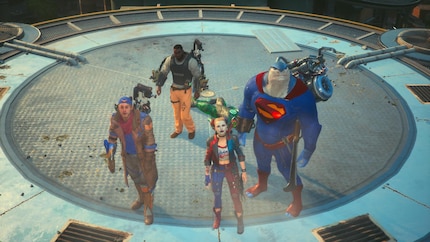 Members of the Suicide Squad: Captain Boomerang, Deadshot, Harley Quinn and King Shark.