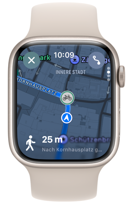 So sehen auf der Apple Watch die Hinweise aus, wenn du vor einer Kreuzung vom Velo absteigen und schieben solltest.