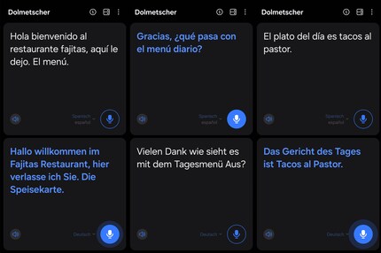 L'application d'interprétation est pratique, mais comporte encore quelques erreurs. L'écriture blanche montre à chaque fois ce qui est dit, le bleu est la traduction