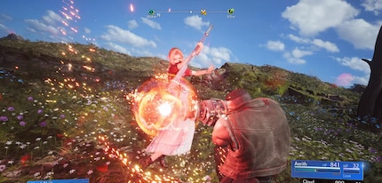 Barrett und Aerith beim Ausführen eines Synergy Skills.