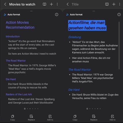 Même de simples notes peuvent être formatées, corrigées et traduites en appuyant sur un bouton