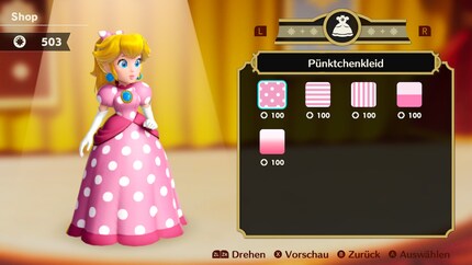 Princess Peach can be dressed in new clothes with coins she collects. In addition to these pink versions, there are also a few cute surprises that I won't tell you about.