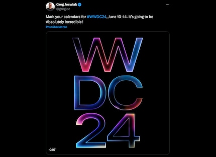 Greg Joswiak dispels any doubts that Apple will present an AI at WWDC. After all, the first letter of «absolutely» would normally be lower case. And the logo’s lit up in Siri’s colours too.