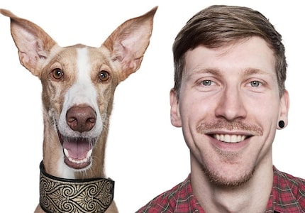 Le coursier à vélo Erik et le Podenco mâle Fernando se ressemblent comme deux gouttes d'eau.