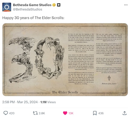Anlässlich des dreissigsten Geburtstages des Franchise gibt Bethesda ein kleines Update zu «The Elder Scrolls VI».