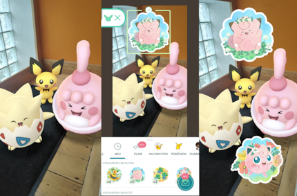 Links das ursprüngliche Foto, dann öffnet sich die Stickersammlung und ich kann das Beste draus machen – oder so.