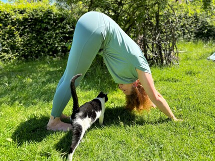 Yoga’s even more fun in the garden with sunshine and my cat visiting.